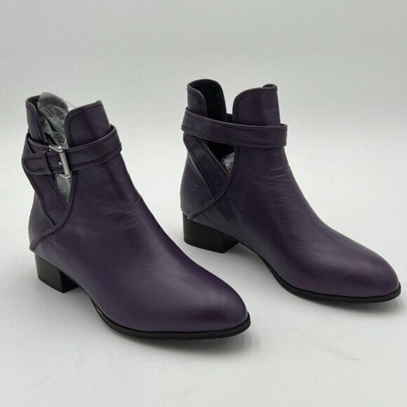Purple Pointed Toe Chelsea Cut Out Chunky Heels Buckle Ankle Strap Ankle Boots - Picture 1 of 6